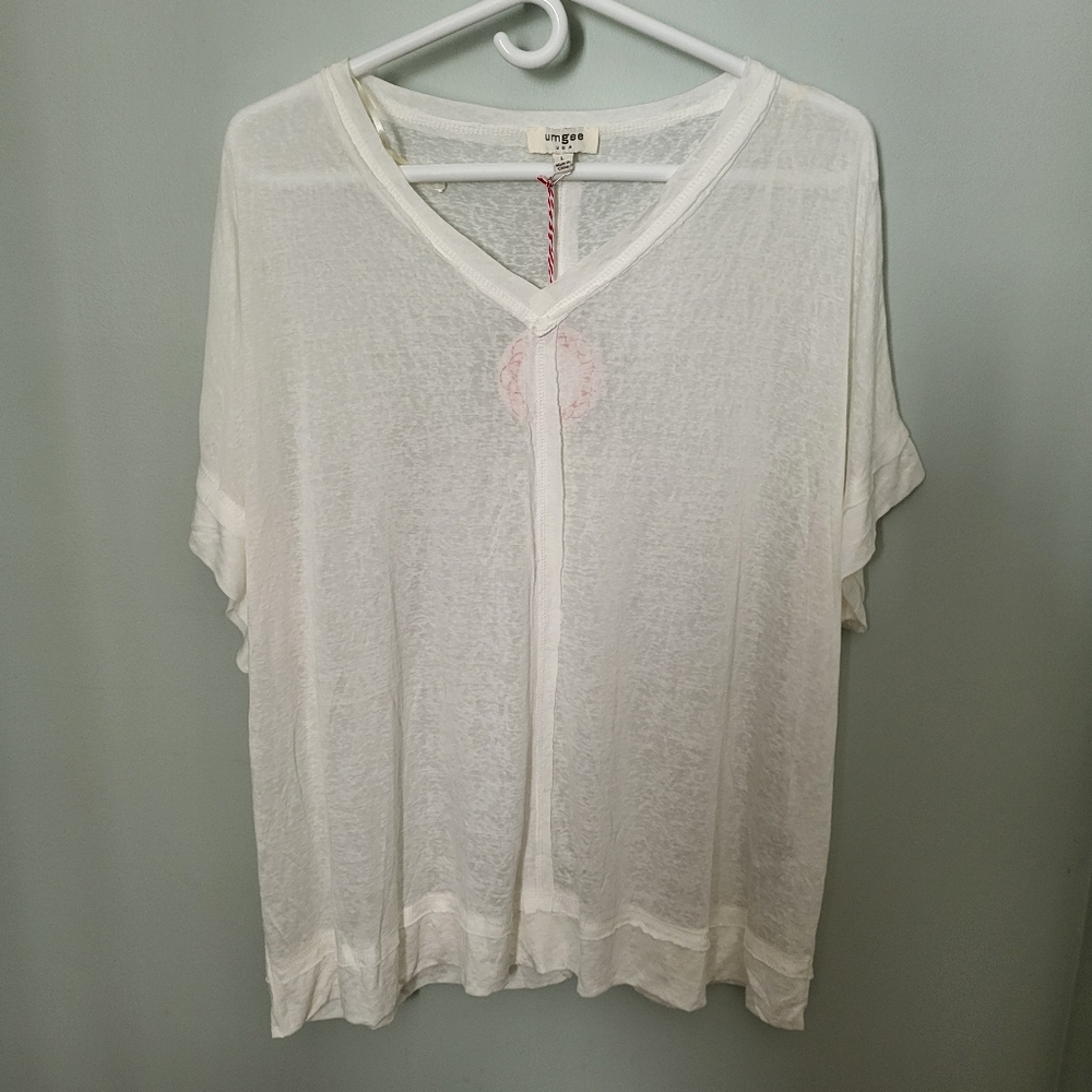 Umgee Women Large Raw Edged Oversized Sheer Top White Short Sleeve Casual NEW